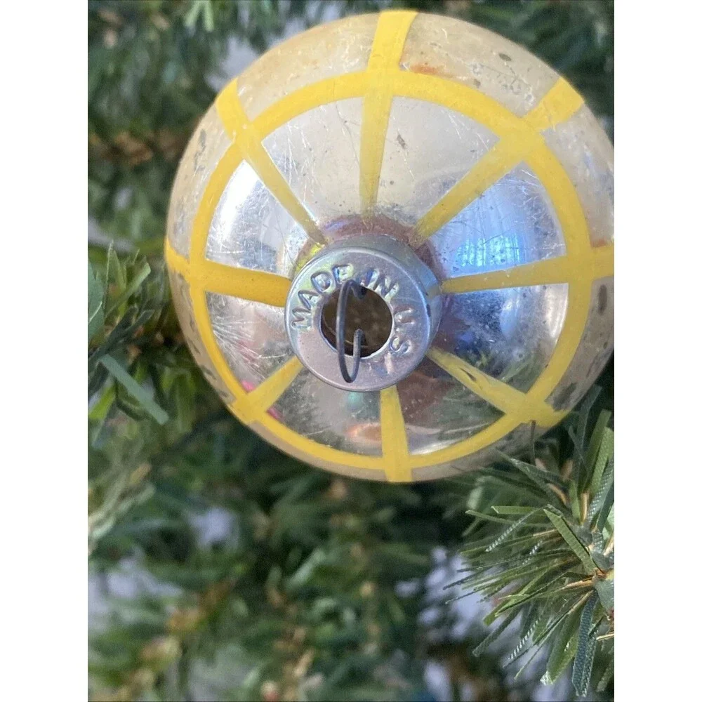 Vintage Glass Christmas Ornament Silver Ball Geometric Yellow Stripes Holiday